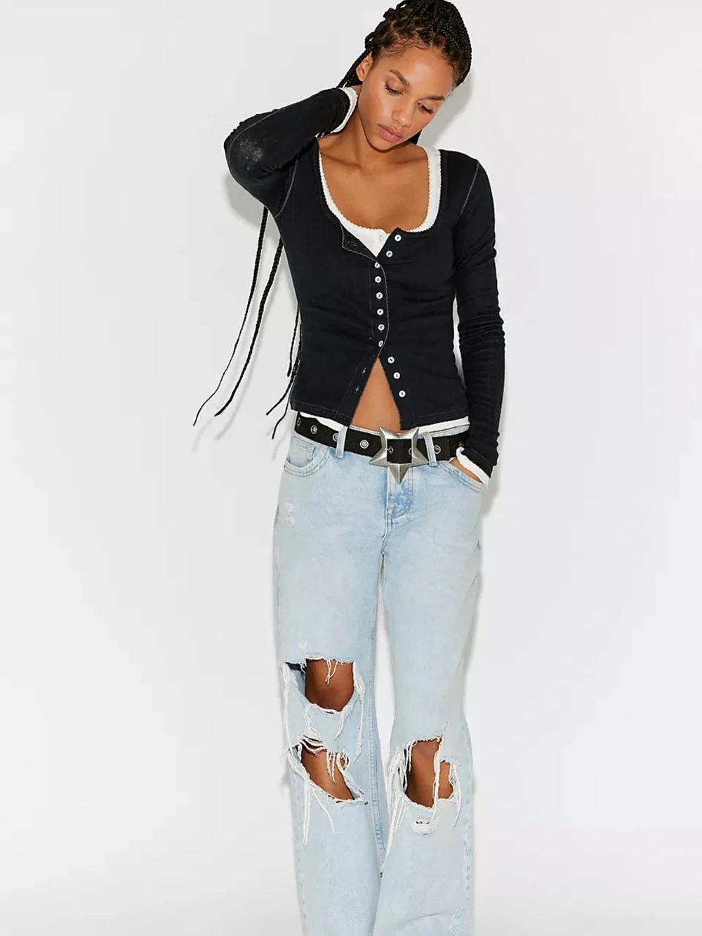 Free People End Game Pointelle Top In Black